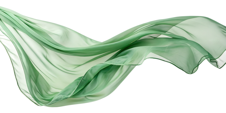 Flying green silk fabric isolated on transparent background.