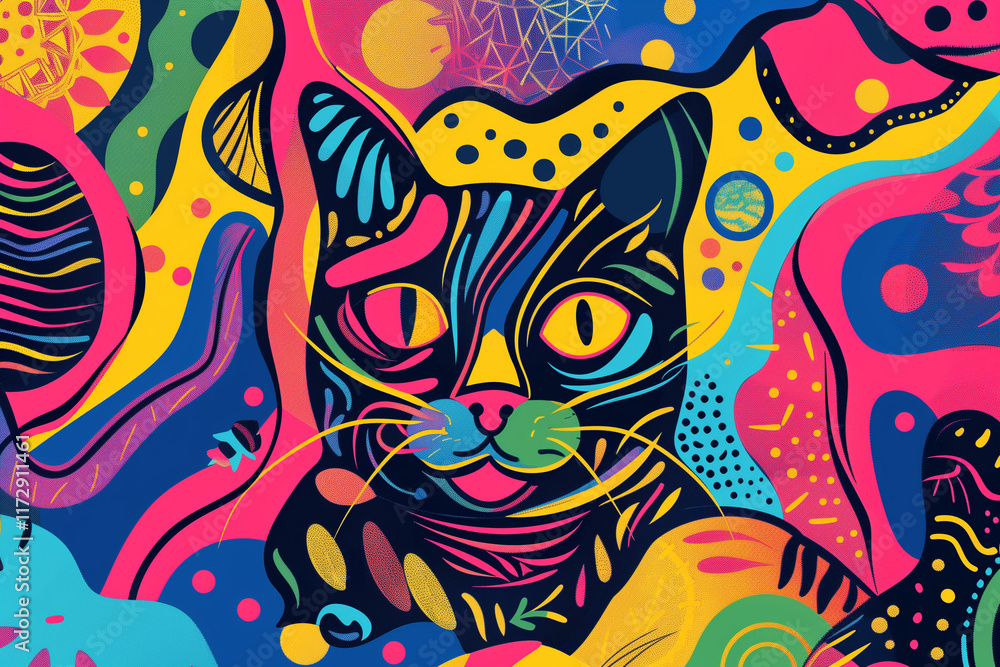 Poster a vibrant and colorful line art of a cat surrounded by abstract shapes.