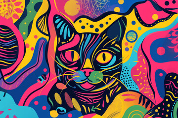 A vibrant and colorful line art of a cat surrounded by abstract shapes.