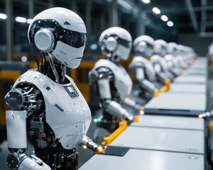 Fototapeta premium Cybernetic humanoid robots collaborating in advanced industrial environments, cyborg workers, future factory