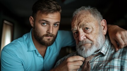 A touching scene of a young man in a blue shirt attentively adjusting the tie of an elderly gentleman, conveying care, respect, and generational connection.