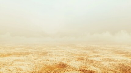 Fototapeta premium A wide, barren landscape stretches into the distance, characterized by dry earth tones under a hazy, overcast sky. The scene evokes feelings of emptiness and stillness