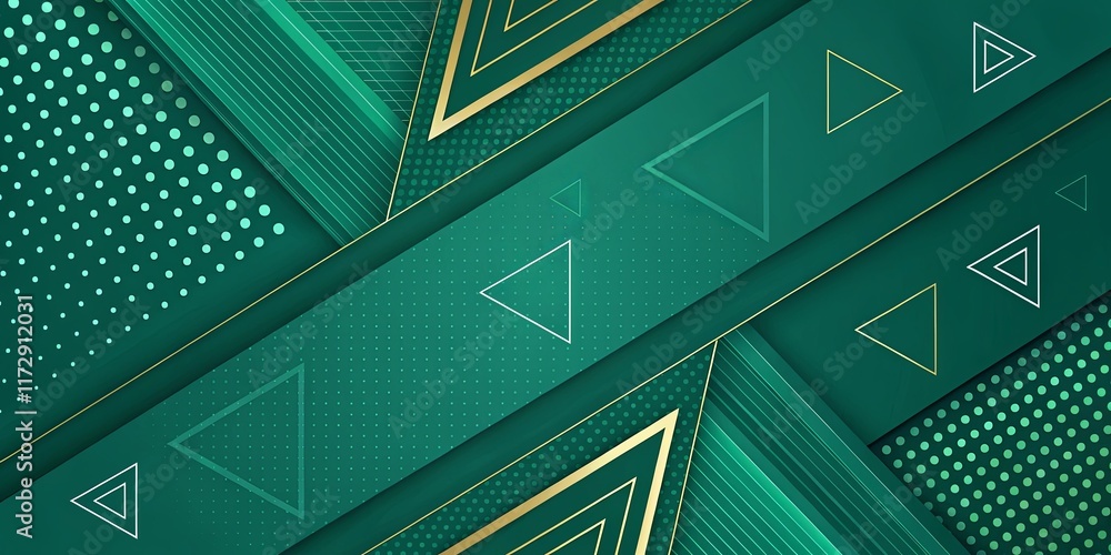Poster a green background with gold triangles and dots