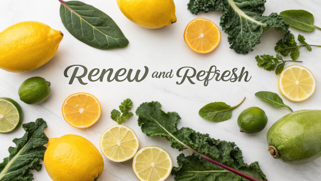 Bright frame with citrus fruits and broccoli on white background with text “Renew & Refresh”.Freshness,health and vitality for use in healthy lifestyle ads, wellness products or summer-themed content