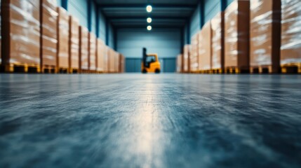 An efficiently organized warehouse containing several stacks of loaded pallets with a forklift visible in the background, emphasizing storage and logistics management.