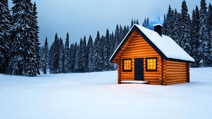 A photostock of a snowy log cabin nestled in a dense forest, with smoke rising from the chimney under a soft winter sunset, evoking coziness and solitude. High Quality
