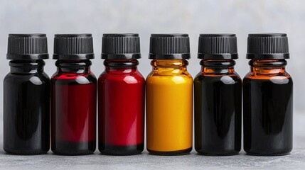 Six small bottles with colored liquids, arranged in a row on a gray surface.