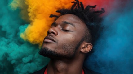A young man exudes calmness, eyes closed, amid vibrant blue, red, and yellow smoke clouds, embodying creativity and modern art's dynamic visual language.