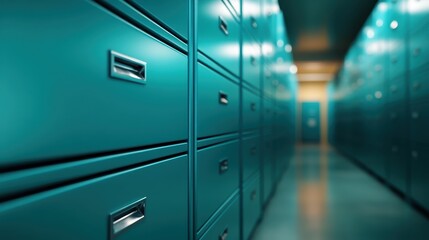 Teal-colored file cabinets are arranged in long rows within a spacious, well-lit office space, giving a sense of order and functionality with modern design.