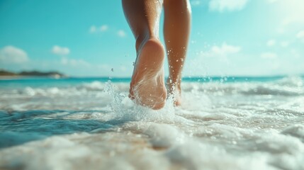 A serene image featuring a close-up of feet joyfully splashing through shallow waves on a sandy beach under a vibrant blue sky, capturing a sense of freedom.
