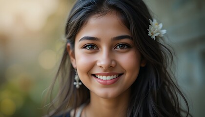 Fototapeta premium Portrait of a Smiling Young Woman with Flower in Hair