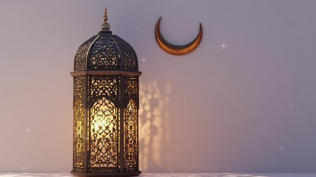 Moon and golden lantern Ramadan concept copy space greeting. Eid Al Fitr.