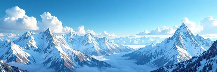 Obraz premium Shiny snow-covered mountains with a blue sky and fluffy white clouds, , mountain range, blue sky