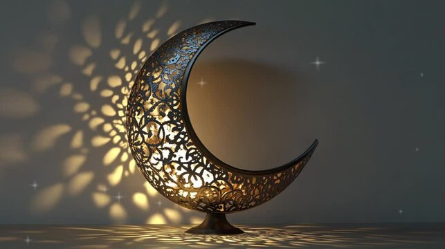 Moon and golden lantern Ramadan concept copy space greeting. Eid Al Fitr.