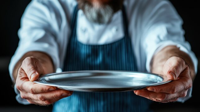 A uniformed chef extends a shiny, empty platter, inviting guests to imagine fresh culinary creations. A gesture of warmth and hospitality in fine dining.