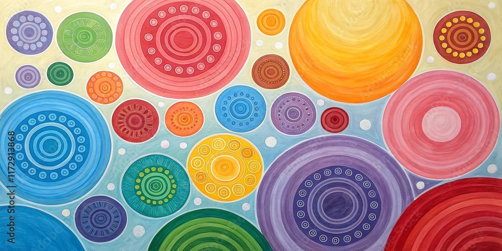 Poster a colorful painting of many circles with a blue sky in the background