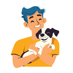 Happy child with blue hair and dog wearing yellow shirt.
