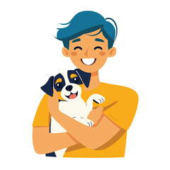Happy child with blue hair and dog wearing yellow shirt.