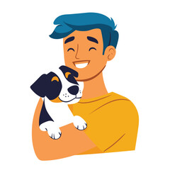 Happy child with blue hair and dog wearing yellow shirt.