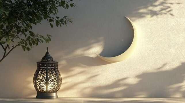 Moon and golden lantern Ramadan concept copy space greeting. Eid Al Fitr.