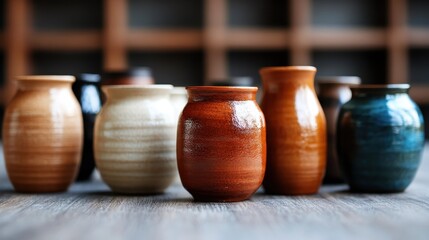 Nine diverse pottery jars are arranged artistically, showcasing an array of warm colors and finishes on a wooden surface, inviting admiration for craftsmanship.