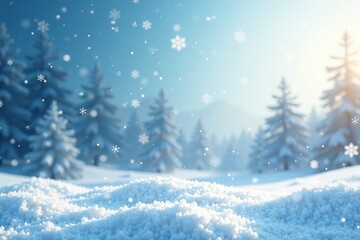 Fototapeta premium Snowflakes fall on a serene winter landscape with a gentle gradient background, peaceful, snow