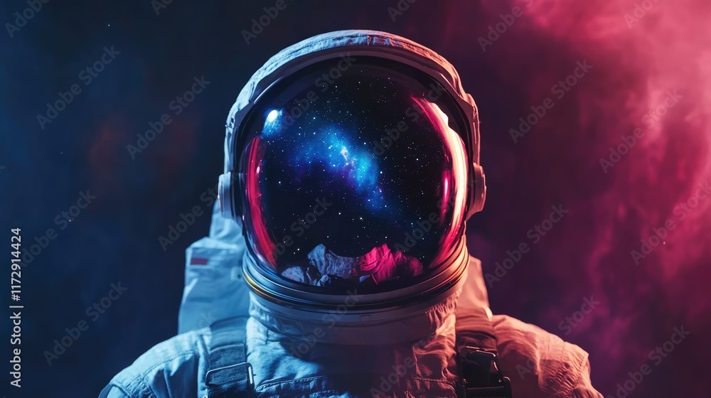 Poster front view astronaut potrait. astronaut in space suit with galaxy and nebula reflection in helmet gl