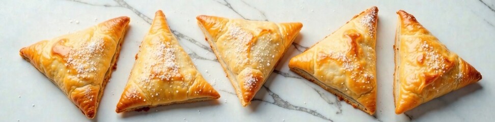 Pastry triangles cut into pieces on a marble surface, pastry, baked, desserts