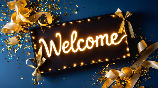 Glowing welcome sign on blue background with festive confetti, top view. Welcome sign with neon effect. Welcome home