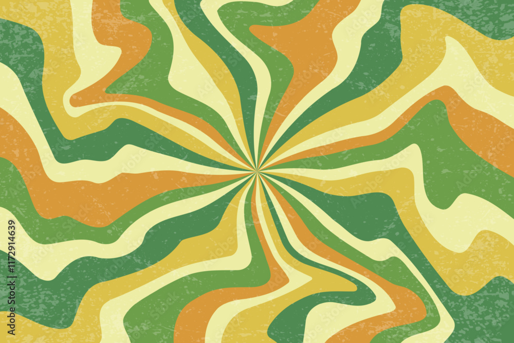 Poster retro swirl rays background. vector psychedelic pattern with groovy texture. sun burst bg with radia