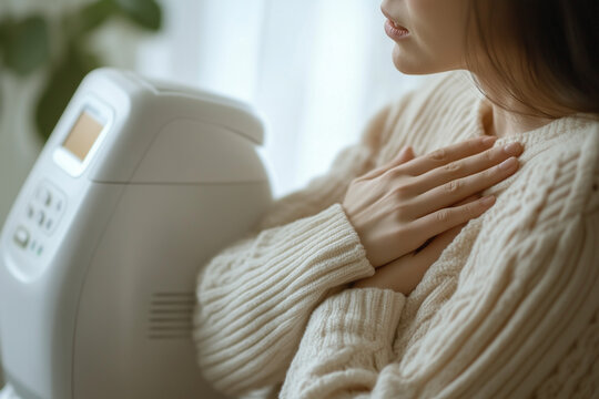 A person holding their chest with visible distress, sitting next to an oxygen concentrator, depicting COPD challenges, with copy space.