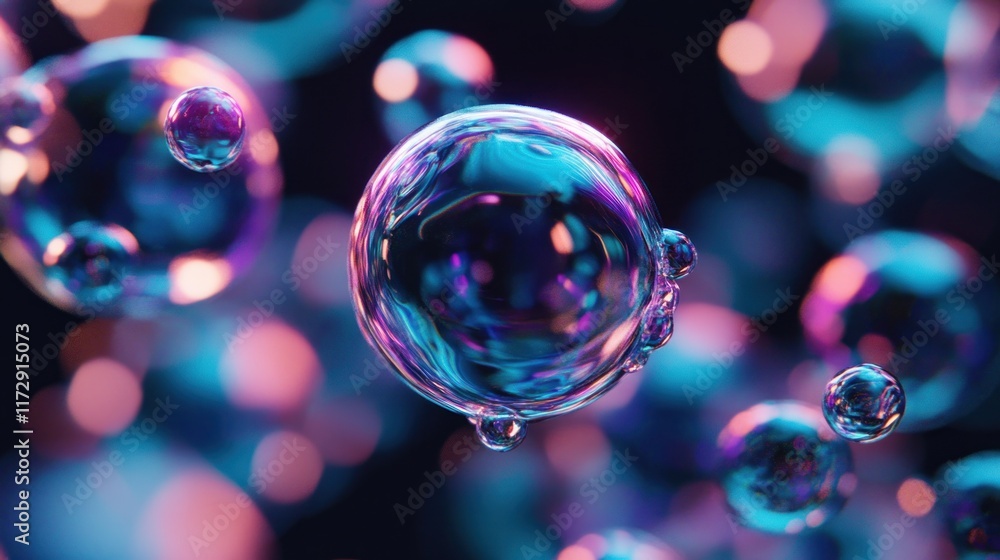 Poster abstract colorful bubbles floating in dark background.