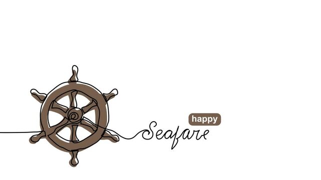 Seafarers day simple animated illustration with steering wheel. One continuous self drawing line animation, footage of sea sign and text happy Seafarers day