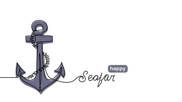 Seafarers day simple animated illustration with anchor and rope. One continuous self drawing line animation, footage of sea sign and text happy Seafarers day