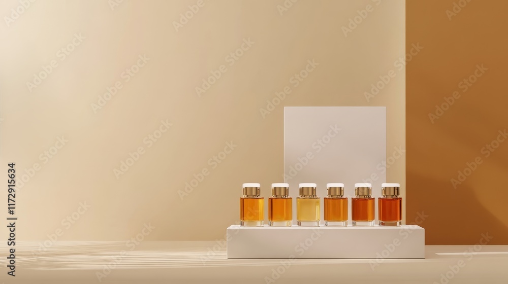 Poster a display of elegant perfume bottles arranged on a minimalist shelf.