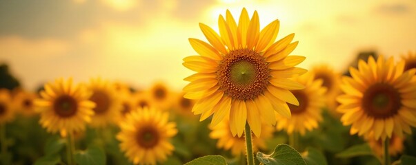 Fototapeta premium Tall sunflowers with golden petals facing the warm sunlight, proud, golden