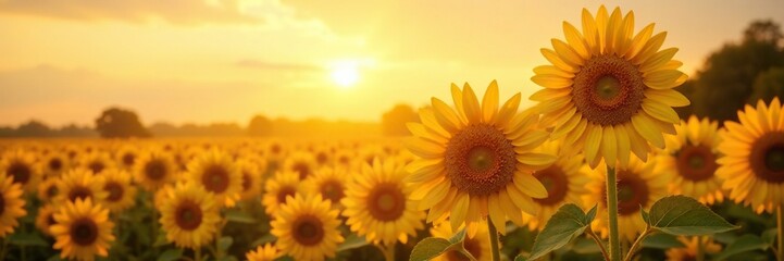 Obraz premium Tall sunflowers with golden petals facing the warm sunlight, warm, golden, radiant