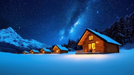 A photostock of a traditional snowy village with warmly lit cottages surrounded by tall pine trees under a clear starry winter sky, symbolizing tranquility. High Quality