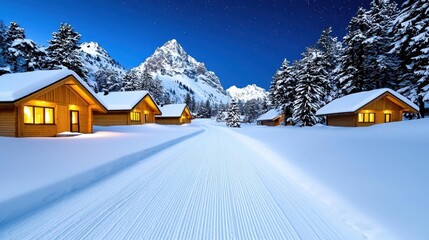 Naklejka premium A photostock of a traditional snowy village with warmly lit cottages surrounded by tall pine trees under a clear starry winter sky, symbolizing tranquility. High Quality