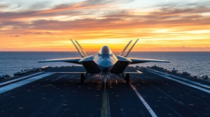 Front view of an F-22 Raptor fighter jet ready to take off from the aircraft carrier deck. Calm sea and scenic sunset on the background. Military aircraft, navy
