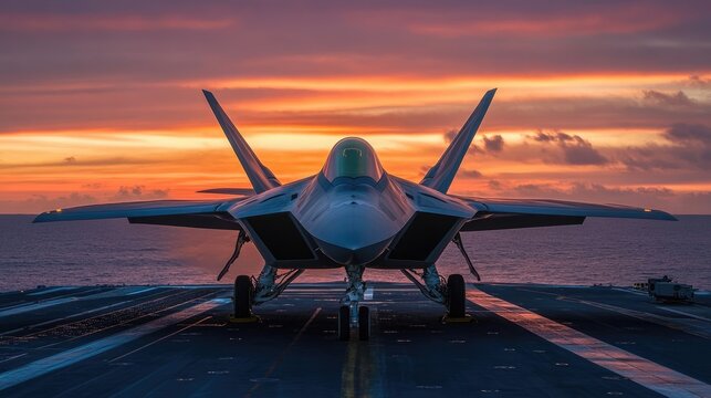 Front view of an F-22 Raptor fighter jet ready to take off from the aircraft carrier deck. Calm sea and scenic sunset on the background. Military aircraft, navy