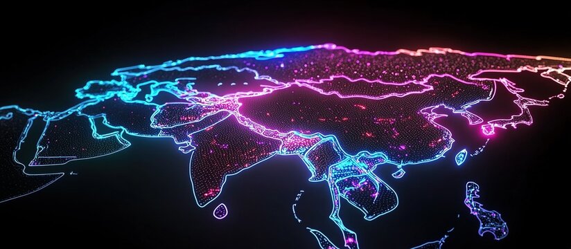 Fototapeta Neon map of Asia glowing on a black backdrop.
