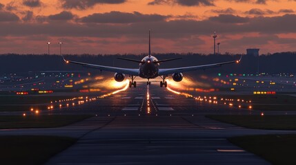 Front view of passenger plane taking off from the airport runway at sunset