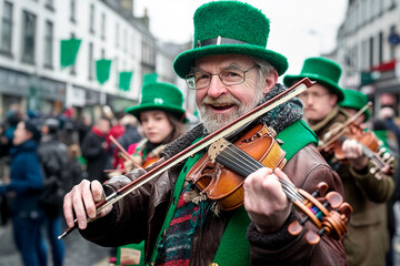 Musicians playing violin during St. Patrick's Day parade