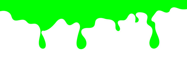 Dripping green goo with splashes and blot effects. Mucus texture blobs. Flat vector illustration isolated on white background. Green slime splashes, Cartoon set of fluid mucus drops