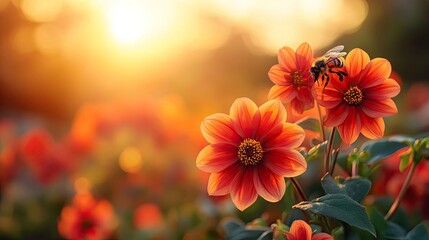 A vibrant sunset scene featuring orange flowers and a bee, highlighting nature's beauty.