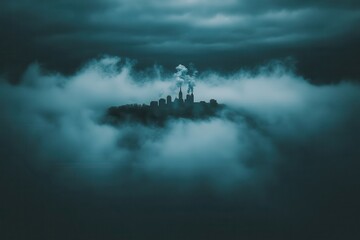 Fototapeta premium City skyline shrouded in mist, a mysterious and ethereal scene.