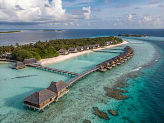 Fototapeta premium view of the sea from the beach, breathtaking aerial view captures stunning expanse of Maldives island, showcasing luxurious water villas resort and intricate wooden pier against backdrop of a vibrant,