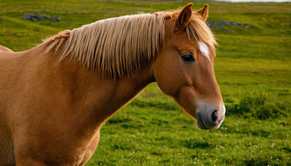 Fototapeta premium A serene scene captures a golden-brown horse with a long mane, standing gracefully in a vibrant green pasture. The sun casts a warm glow as the horse enjoys its surroundings