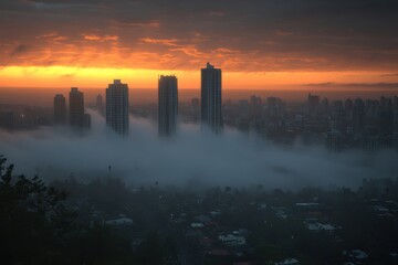 Fototapeta premium City skyline at sunrise, shrouded in mist. A dramatic orange sky contrasts with the dark silhouettes of buildings.